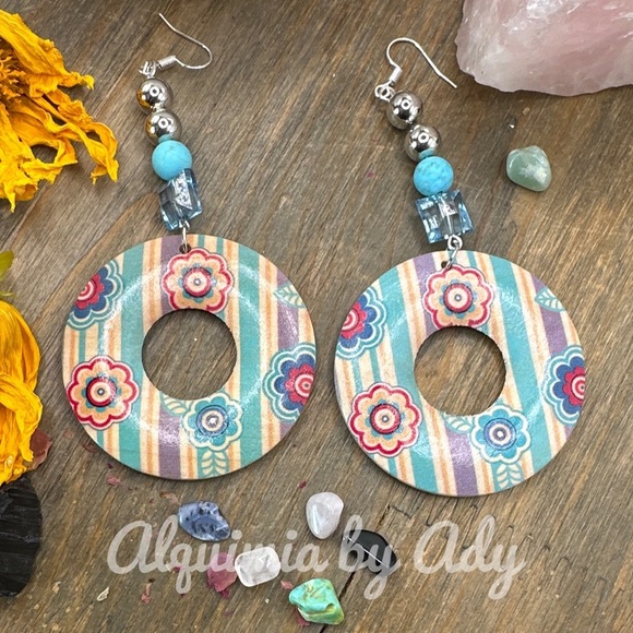 Sonoran turquoise maximalist big statement dangle earrings pastel floral - Picture 1 of 7